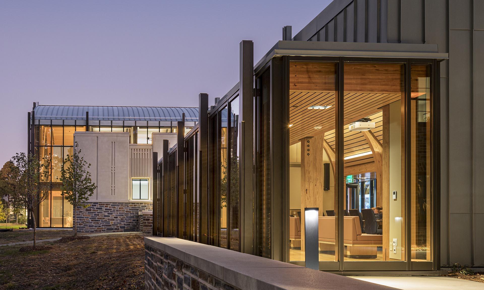 Karsh Alumni and Visitors Center, Duke University outside looking in